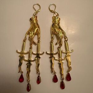 Gold Hand and Sword Drop Earrings